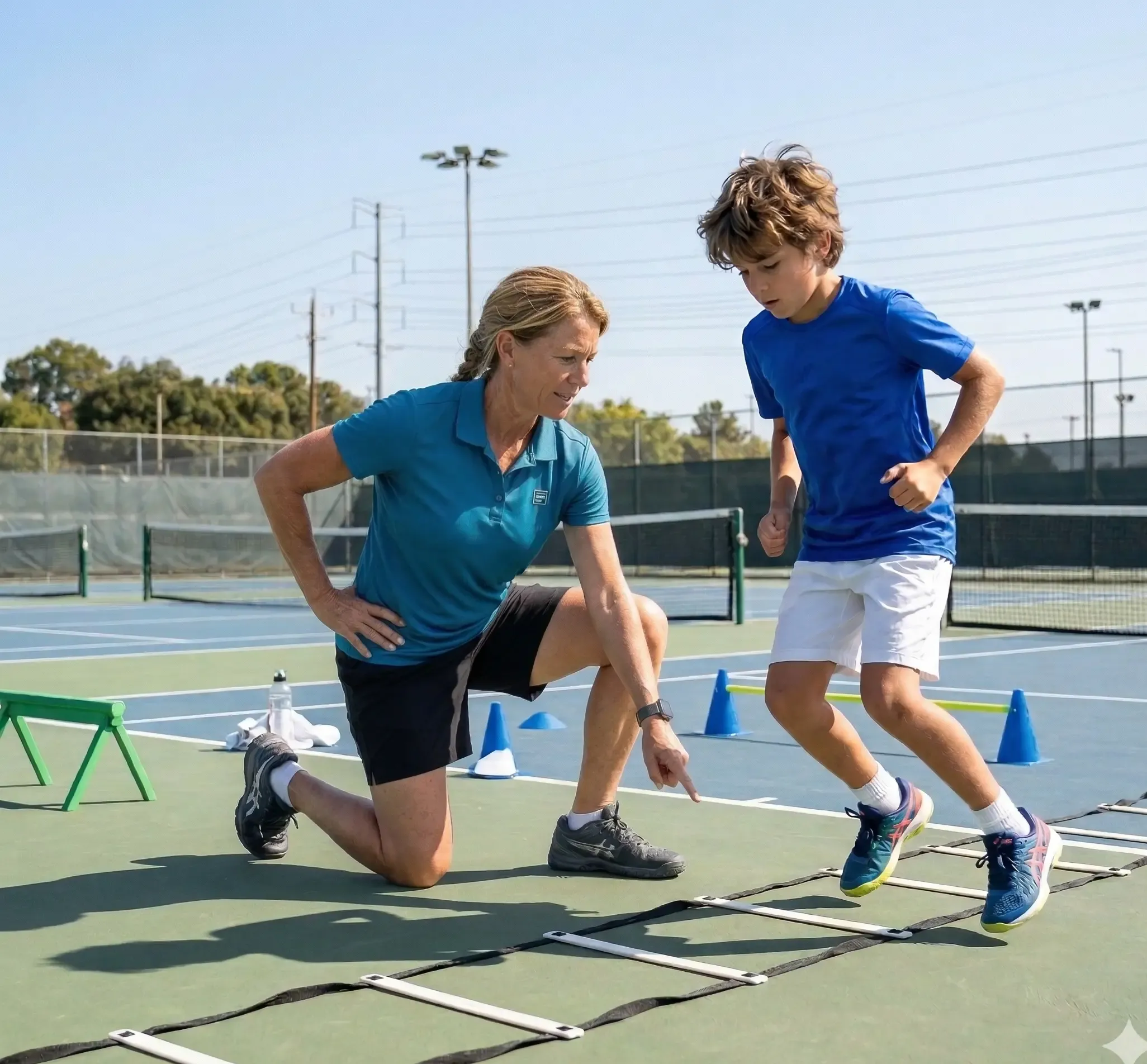 Tennis fitness coach guiding a young athlete through agility ladder drills on court