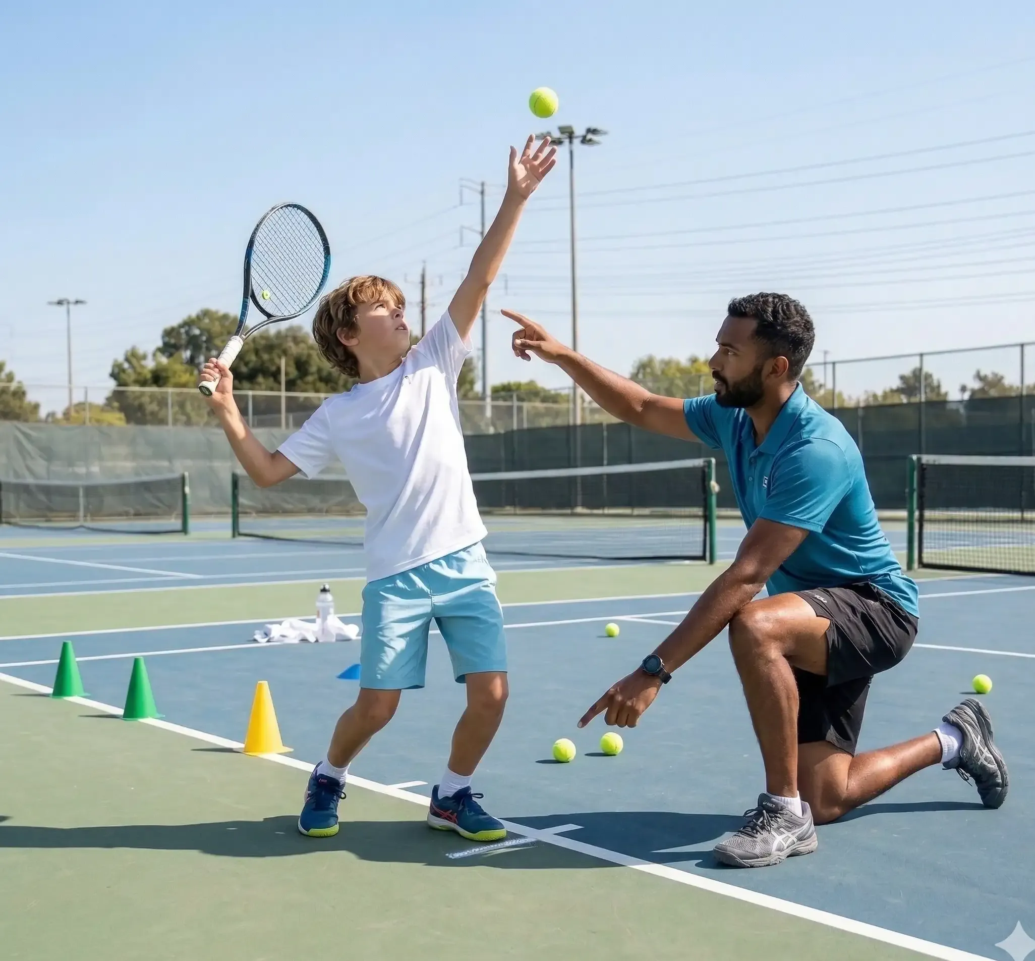 Coach teaching a young player proper serving technique during a private tennis lesson